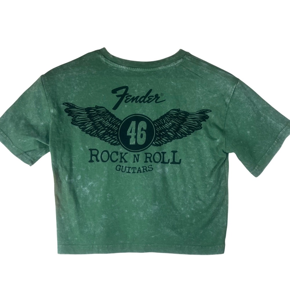 Fender Rock N Roll Guitars Cropped Graphic Tee Green NWT Mineral Wash Shirt S